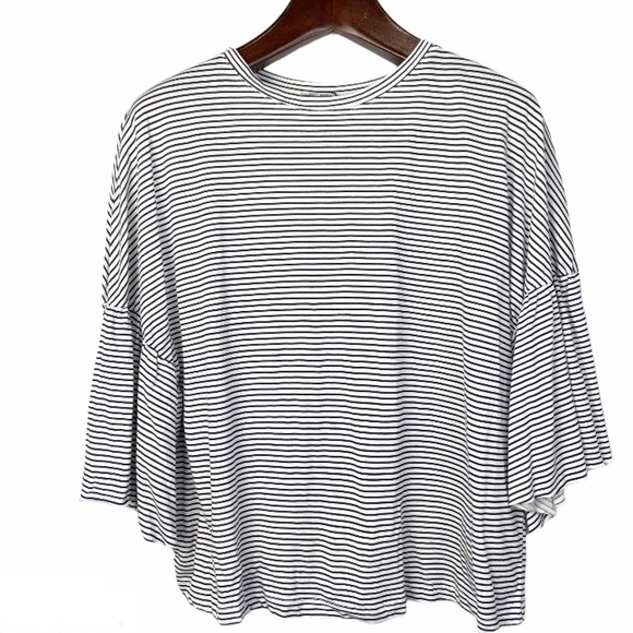 NWOT•Zara Trafaluc•modal flounce black white stripe bell oversized sleeve small - Picture 1 of 8